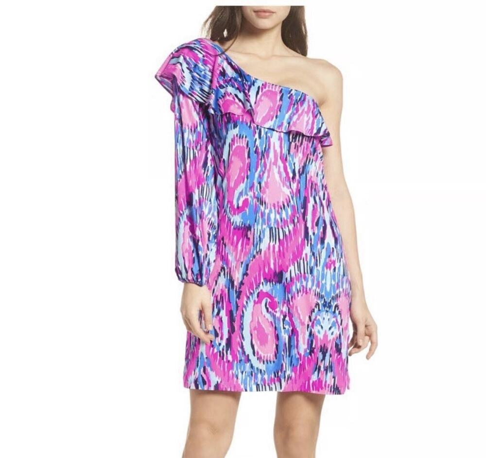 Lilly Pulitzer Amante Silk Jersey Dress Size L Free Spirit One-Sleeve Resort NWT